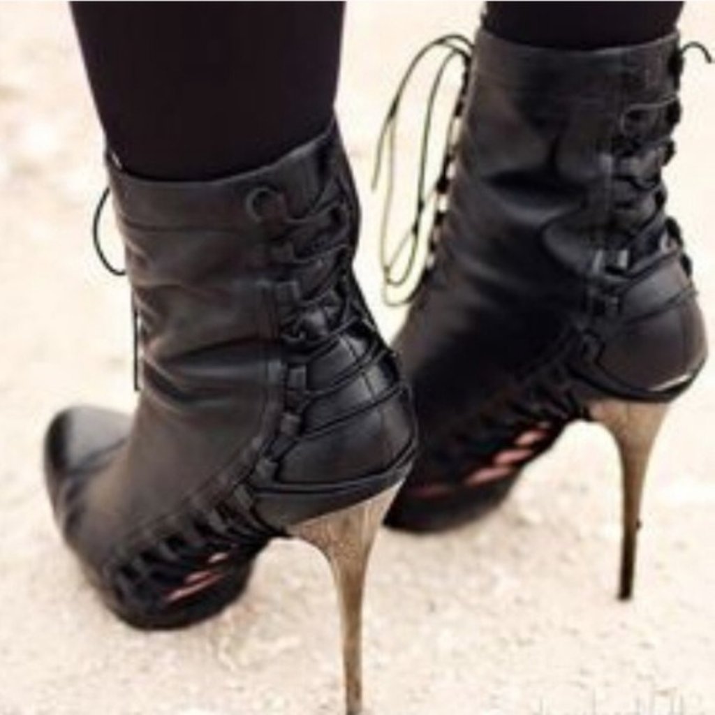 Black Leather Ankle Bootie Stiletto Corset Sexy